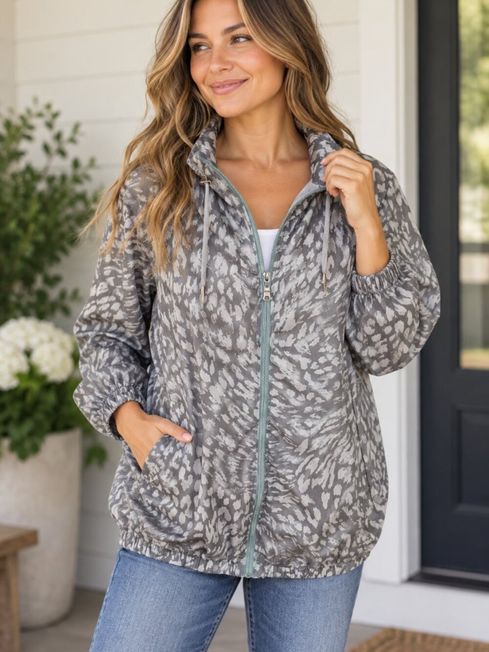 Ruby Rd. Jacket Women's XL Gray Animal Print Full Zip Drawstring Polyester